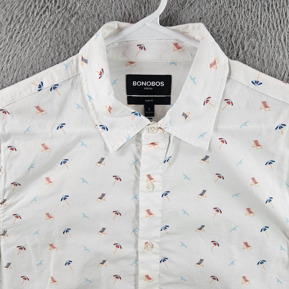 Bonobos Stretch Slim Fit Shirt Mens Large White Beach Umbrella Print Short Slv